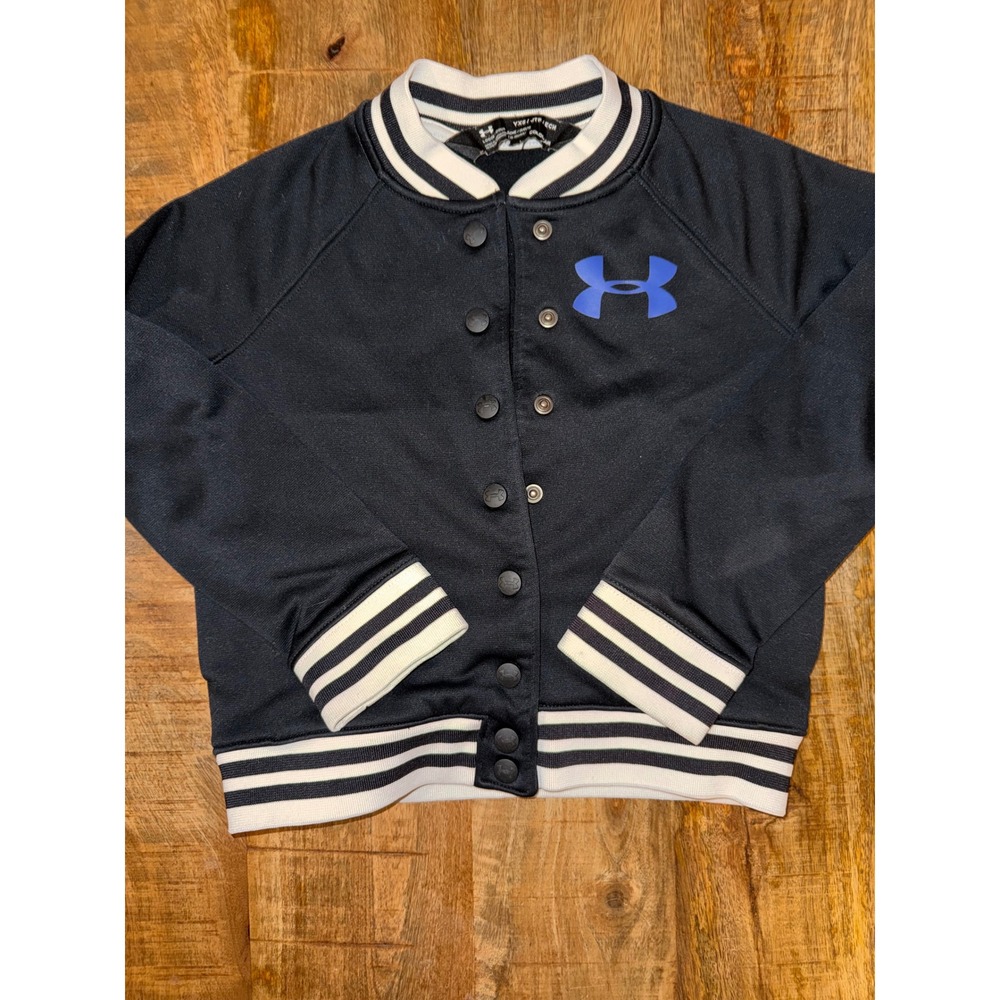 Under Armour Youth YXS Varsity Jacket Black Blue ColdGear Snap Front Striped